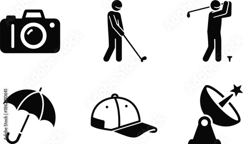 Set of minimalist black icons featuring photography camera golf player umbrella baseball cap and satellite dish for web and app design