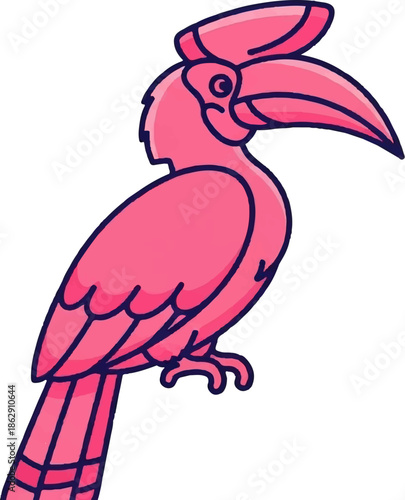 A pink cartoon bird with a large beak and crest sits on a white background
