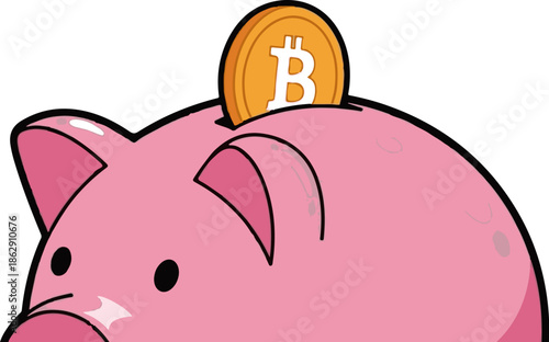 A pink cartoon piggy bank with a bitcoin coin being inserted