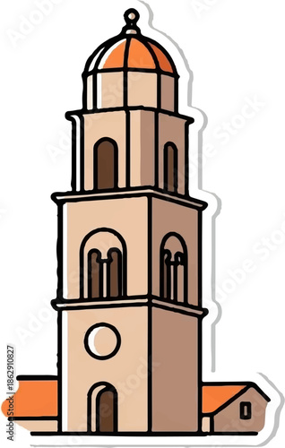 A tan bell tower with orange roof sections stands against a white background