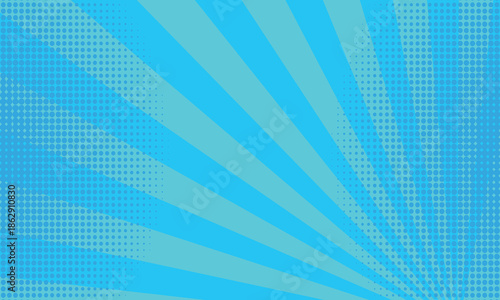 Comic book halftone background. Blue sun pop art retro rays background.