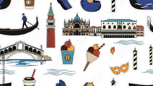A vibrant collection of iconic Venetian landmarks and treats, rendered in a charming, illustrative style