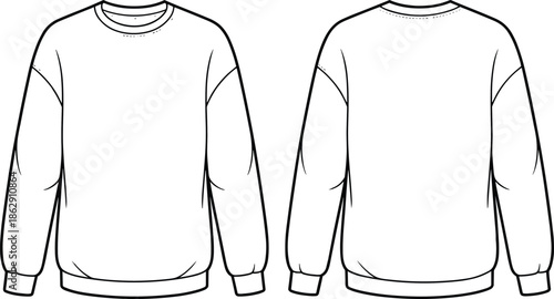 Fashion technical flat sketch of a men's basic long sleeve crewneck sweatshirt featuring ribbed cuffs and waistband, front and back view.