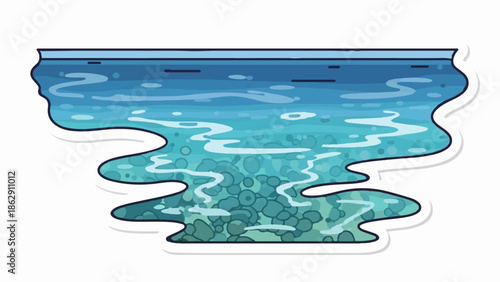A pixelated illustration of clear blue and teal ocean water with visible rocks below and gentle ripples