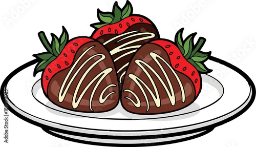 A plate holds three chocolate-covered strawberries with white drizzle