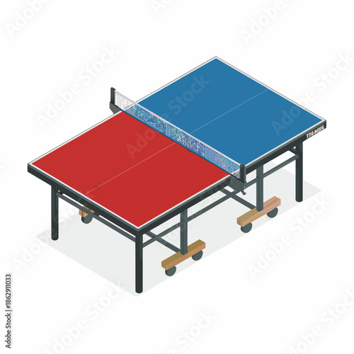 Blue and Red Ping Pong Table with Net Isometric View
