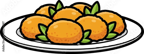 A plate of seven golden-brown, round fried food items, garnished with green leaves on a white background