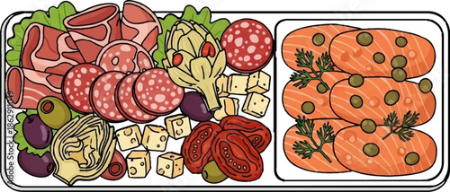 A platter of cured meats, cheese, olives, artichokes, sun-dried tomatoes and sliced salmon with capers