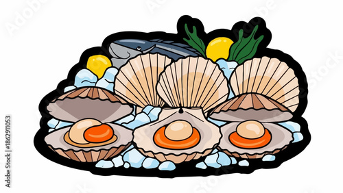 A platter of fresh scallops and fish on ice with lemon slices