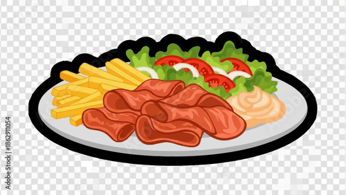 A platter of french fries, thinly sliced cured meat, and a fresh salad