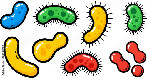 A playful assortment of cartoon microbes in various shapes and vibrant colors, some with hair-like extensions