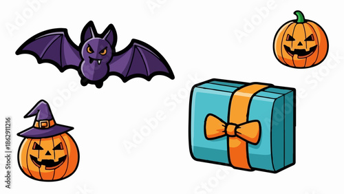 A playful illustration featuring a purple bat, two carved pumpkins, and a turquoise gift box with an orange ribbon