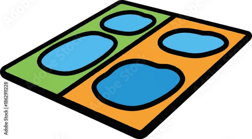 A playful, isometric graphic representing a game board with four distinct colored zones, each containing a blue, oval shape