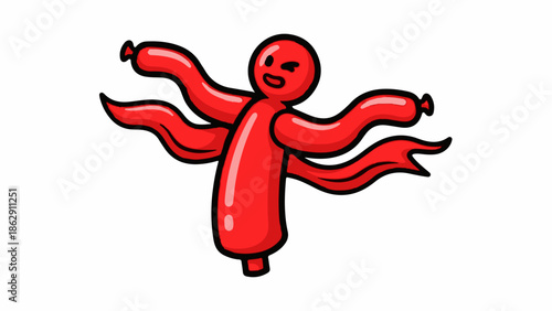 A playful red character with multiple balloon-like arms, winking