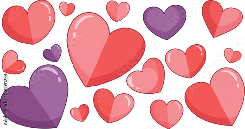 A playful scattering of cartoon hearts in various sizes, featuring shades of red, pink, and purple