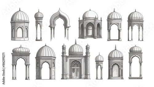 Architectural Marvels: A collection of meticulously crafted, historical building illustrations featuring domes and arches.