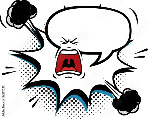 A pop art comic explosion illustration with an angry screaming face and a blank speech bubble
