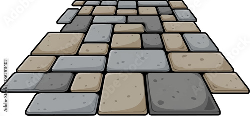 A textured, stone pathway stretches upwards, with rectangular blocks in grey and tan