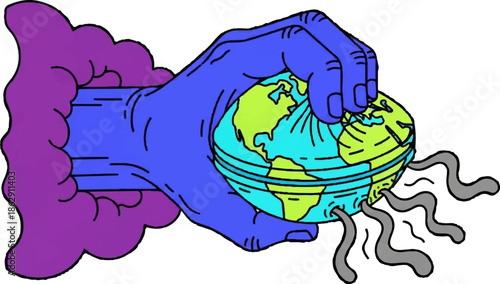 A purple cloud emanates a blue hand clutching a globe, emitting smoke