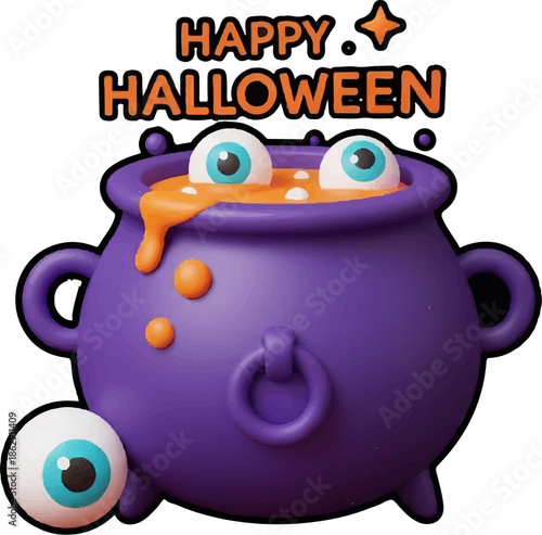 A purple cauldron bubbles with eyeballs and orange goo, celebrating Halloween with cheerful text