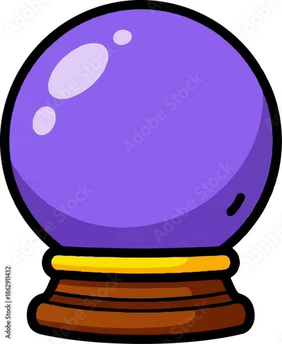 A purple crystal ball with a golden ring on a brown wooden stand