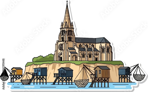 A quaint, cartoonish scene of a grand church overlooking a series of stilted fishing huts on the water