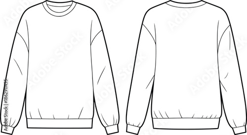 Fashion technical flat sketch of a men's long sleeve crewneck sweatshirt featuring ribbed cuffs and hem with back neck detail, front and back view.