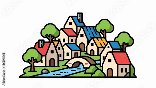 A quaint, colorful village with houses, trees, a river, and a bridge, on a white background