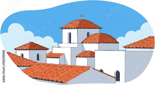 A quaint village scene unfolds under a bright blue sky with fluffy clouds