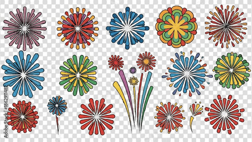 A vibrant collection of stylized firework bursts in assorted colors and shapes