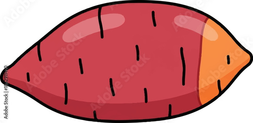 A stylized illustration of a reddish-purple sweet potato with an orange tip, featuring a bold black outline