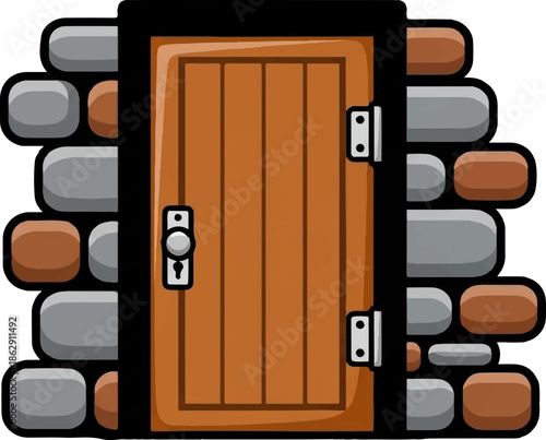 A quaint wooden door set into a rough stone wall with a silver knob and hinges
