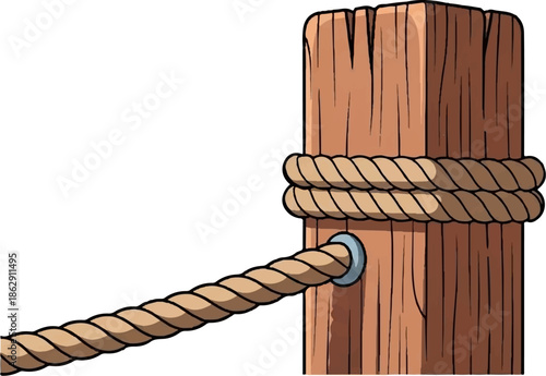 A thick rope is tied around a weathered wooden post, anchored with a metal ring