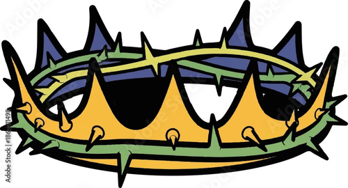A thorny crown design with yellow, blue, and green colors