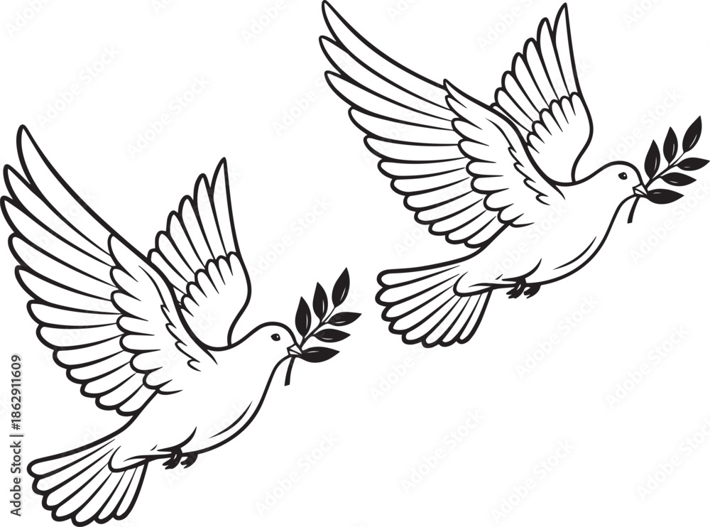 Fototapeta premium Symbol of Peace Two Doves with Olive Branches Flying Freedom Hope Serenity and Unity Illustration
