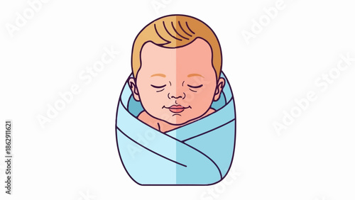 A stylized illustration of a sleeping baby swaddled in a light blue blanket