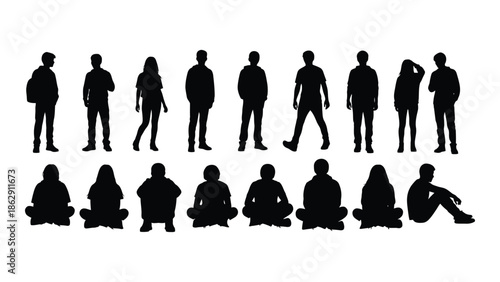 Silhouettes of people in various poses standing and seated black and white