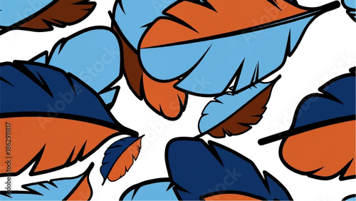 A whimsical pattern of overlapping stylized feathers in blue, orange, and brown hues