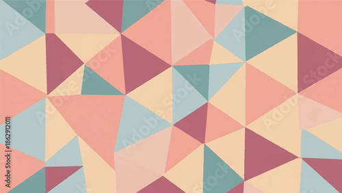 Abstract geometric pattern of interconnected triangles in soft pastel shades of pink, peach, blue, and maroon