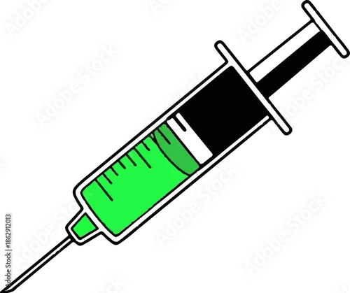 A simple, clean illustration of a medical syringe filled with vibrant green liquid and a sharp needle