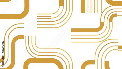 Abstract geometric pattern of thick and thin golden curved lines and straight segments on a white background