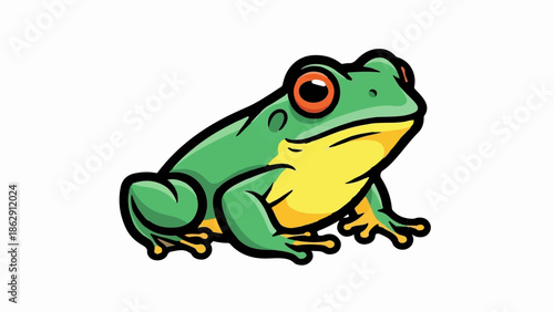 A vibrant green and yellow cartoon frog with large orange eyes, outlined in black, on white background