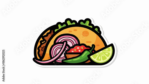A stylized illustration of a taco with fillings and lime wedge