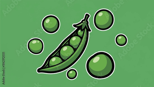 A vibrant green background features an illustrated pea pod bursting with round peas