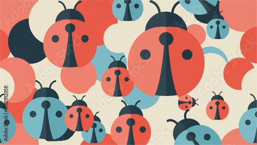 A whimsical pattern of red and blue ladybugs scattered amongst abstract circles