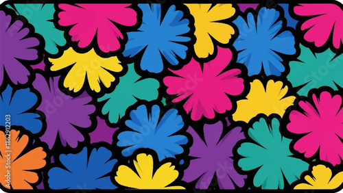 A vibrant, abstract floral pattern in bold, saturated colors against a black background