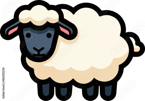 A simple, cartoon-style illustration of a sheep with a dark face and legs, and fluffy cream-colored wool