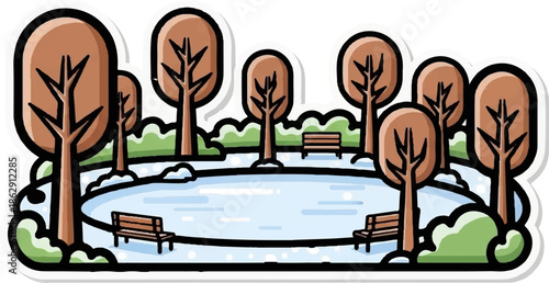 A whimsical, stylized park scene with bare trees, snow, and park benches surrounding a frozen pond