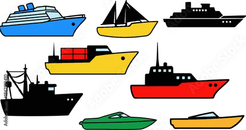 A vibrant assortment of cartoon boats and ships, including cruise, cargo, fishing, sail, and speedboats