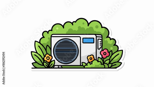 A white air conditioning unit is surrounded by green foliage and small flowers